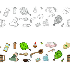 Seamless vector border of hand-drawn bath items. The traditions of healing Finland, Russia, Turkey. Brooms for hot steam, washcloth, mitten, stone for massage.