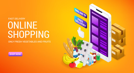 Online shopping, order delivery service, internet store landing page design with isometry cardboard boxes and cart, vector illustration.