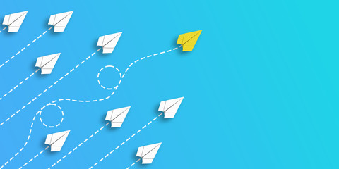 Paper plane that makes a difference by moving in a different direction from the others. different thinking concept. 3d illustration, 3d render.