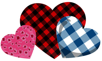 Obraz premium Leopard Buffalo Plaid Seamless Allover Print Pattern Set of Hearts Love Graphic Vector with Tartan and Pink Leopard Skin Design