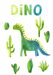 Color cute baby poster, print, postcard, invitation with a green dinosaur and dino inscription in Scandinavian style on a white background. Cute baby dinosaur illustration.