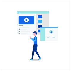 flat illustration vector of man playing social app in smartphone, mobile digital lifestyle design concept 