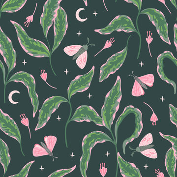 Floral seamless pattern with moths, stars and moon on a dark background. Green branches with leaves, flowers, butterflies. Magic style vector illustration. Perfect for fabrics, wallpaper and covers