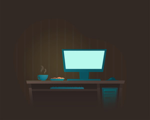 Vector illustration of computer and bright empty computer monitor at night at home workplace. Cup of tea and cookies on the table.