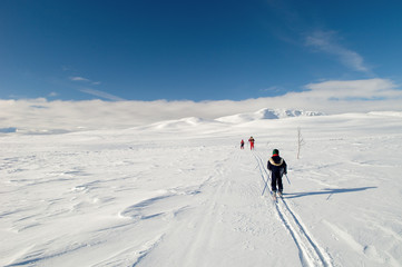 Fototapeta na wymiar Family skiing in Norwegian mountains
