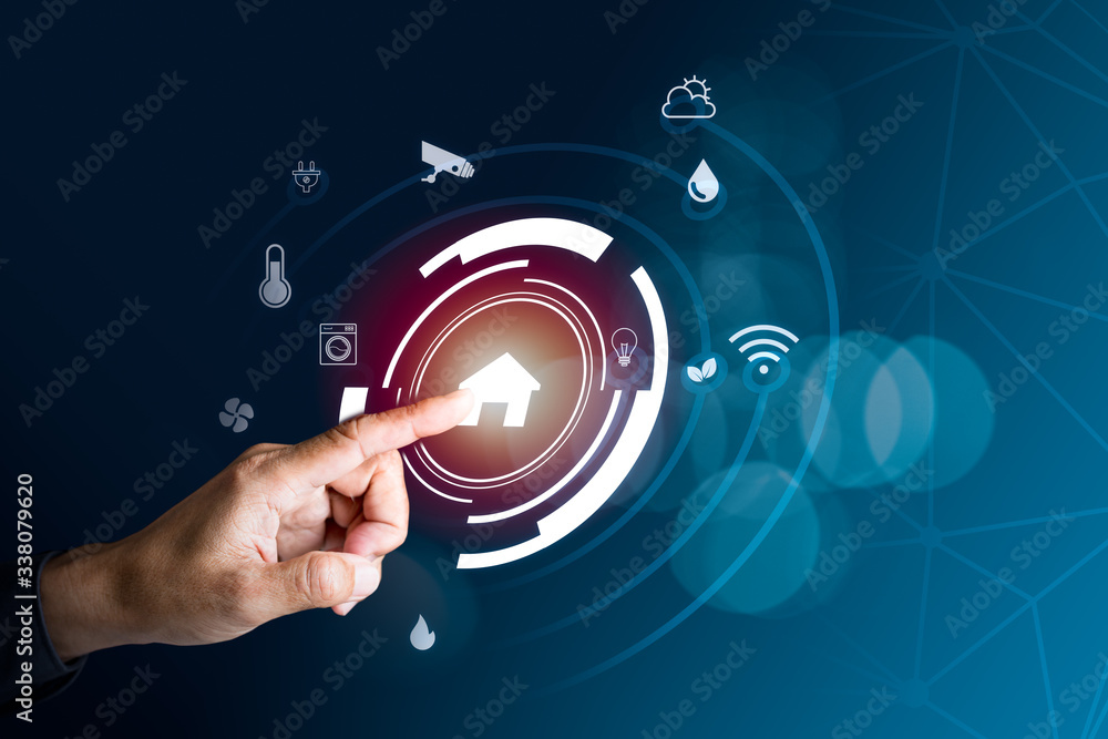Poster man's finger touch the icon graphic, electronics devices connecting with wireless.