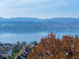 View of Lake Zurich or Der Zürichsee (Zuerichsee or Zurichsee) and the valley from the east side...