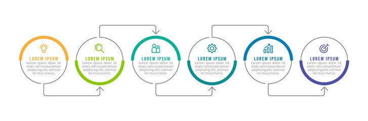 Minimal Business Infographics template. Timeline with 6 steps, options and marketing icons .Vector linear infographic with six circle conected elements. Can be use for presentation.