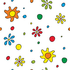 Glade with bright multi-colored flowers. Seamless vector background on a transparent basis.