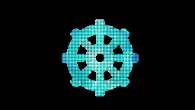 The symbol dharmachakra is assembled from small balls. Then it shimmers with blue. It crumbles and disappears. In - Out loop. Alpha channel Premultiplied - Matted with color black