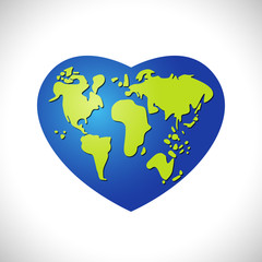 Earth planet in heart frame, logotype concept. Creative icon. World map in 3D style heart shape. Isolated abstract graphic design template. Blue globe, green isles and mainlands. Happy Earth Day sign.