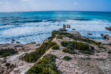 A fresh spring wind drives the waves to the coast of Cyprus. The Mediterranean Sea is painted with dark ultramarine and a luminous azure from the inside.     