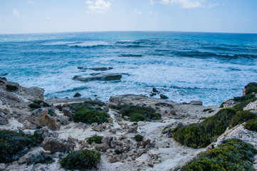 A fresh spring wind drives the waves to the coast of Cyprus. The Mediterranean Sea is painted with dark ultramarine and a luminous azure from the inside.     