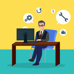 Young businessman in suit uses computer at work  and comes up with new ideas introduce a good thing vector illustrations. Business project manager illustration.