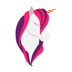 Unicorn head isolated. Magical animal. Vector artwork. Black and white logo unicorn cartoon style . Pink and purple color unicorn character icon.