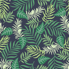 Naklejka na ściany i meble Tropical background with palm leaves. Seamless floral pattern. Summer vector illustration. Flat jungle print