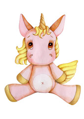 Watercolor illustration of cute cartoon pink unicorn baby sitting in front position. Isolated. Hand drawn.