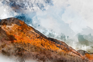 Digital watercolor painting of Majestic vibrant Autumn Fall landscape Buttermere in Lake District with beautiful early morning sunlight playing across the hills and mountains