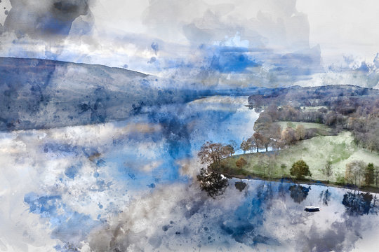 Digital watercolor painting of Breathtaking vibrant aerial drone landscape images over Coniston Water at sunrise on beautiful Autumn Fall morning