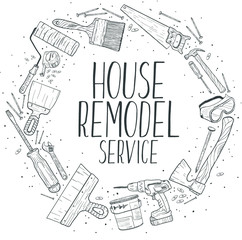 Vector sketch house remodel tools logo. Home repair service. 