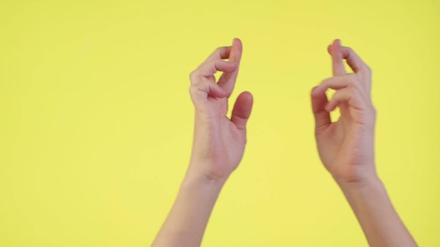 Woman hands keeping fingers crossed, waiting for special moment, making wish pray isolated over yellow background in studio.