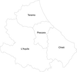 Abruzzo provinces map with name labels. Italy region. White background.