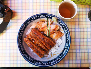 Top view of Japanese grilled eel with rice call 