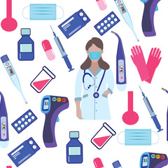 Seamless Pattern with equipment of medic and healthcare concept.
