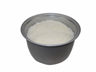 steamed rice in the pot, ready to eat Isolated on white background.