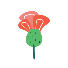 Little red wildflower. Flora design elements. Wild life, nature, blooming flowers, botanic. Flat colourful vector illustration icon sticker isolated on white background.