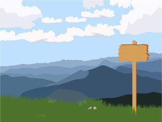 Mountain landscape, mountain top, sky and forest, hills. The concept of adventure and travel in nature. Wooden plate