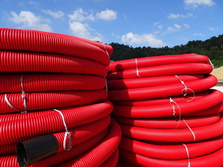 HDPE corrugated pipe with double-wall strength at the construction site. Used to protect...