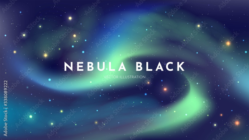 Poster vector realistic illustration. cosmic sky. wallpaper. color curved waves. nebula in space. template 