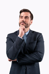 Portrait of a thoughtful mature man dream on a white background. Isolated.