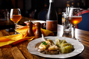 grilled meat and wine