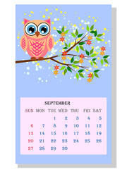 Calendar 2021. Cute calendar with funny cartoon owls