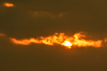 Heatwave hot sun. Climate Change. Global Warming.Beautiful landscape in the mountains at sunrise.Mountain Mist in sunrise,mist on sunrise,mist over mountain during sunrise