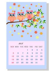 Calendar 2021. Cute calendar with funny cartoon owls