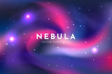 Vector realistic illustration. Cosmic sky. Wallpaper. Color curved waves. Nebula in space. Template for website or game. Abstract banner. Milky Way. Minimalistic style. Copy space for text. 