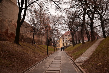 sidewalk outside of old fortified citadel in Fagaras Romania