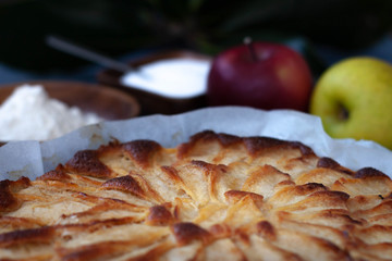 Baked apple pie tart with some ingredients like sugar, floor, apples, butter. Closeup. Dark Food.