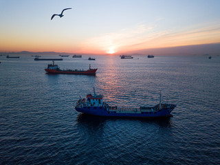 ships waiting in the open sea