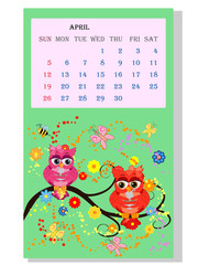 Calendar 2021. Cute calendar with funny cartoon owls