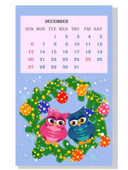Calendar 2021. Cute calendar with funny cartoon owls