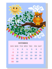 Calendar 2021. Cute calendar with funny cartoon owls