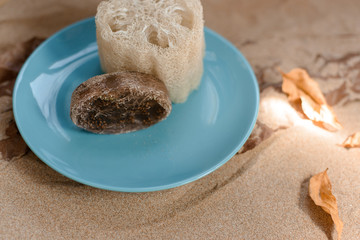 Luffa sponge on a ceramic blue trowel. Background sand and craft paper.