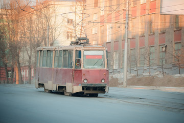 Fototapeta na wymiar Old soviet retro tram. Lugansk, Ukraine.