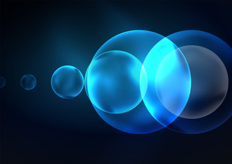 Glowing neon shiny transparent bubbles, glass circles or bio cell concept. Techno futuristic vector abstract background For Wallpaper, Banner, Background, Card, Book Illustration, landing page