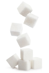 Falling sugar cubes, isolated on white background - obrazy, fototapety, plakaty