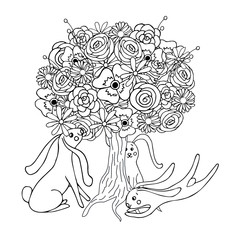 Hare under blooming tree. Cute funny cartoons hand drawn art design stock vector illustration for web, for print, for coloring page